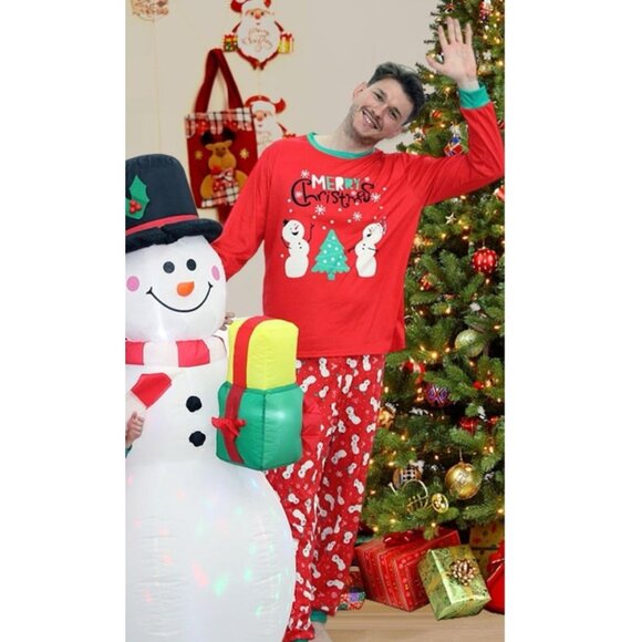 Men’s Large Christmas Pajama Set 2pc Long Sleeve Pj Snowman Tree Sleepwear NEW - Picture 5 of 6